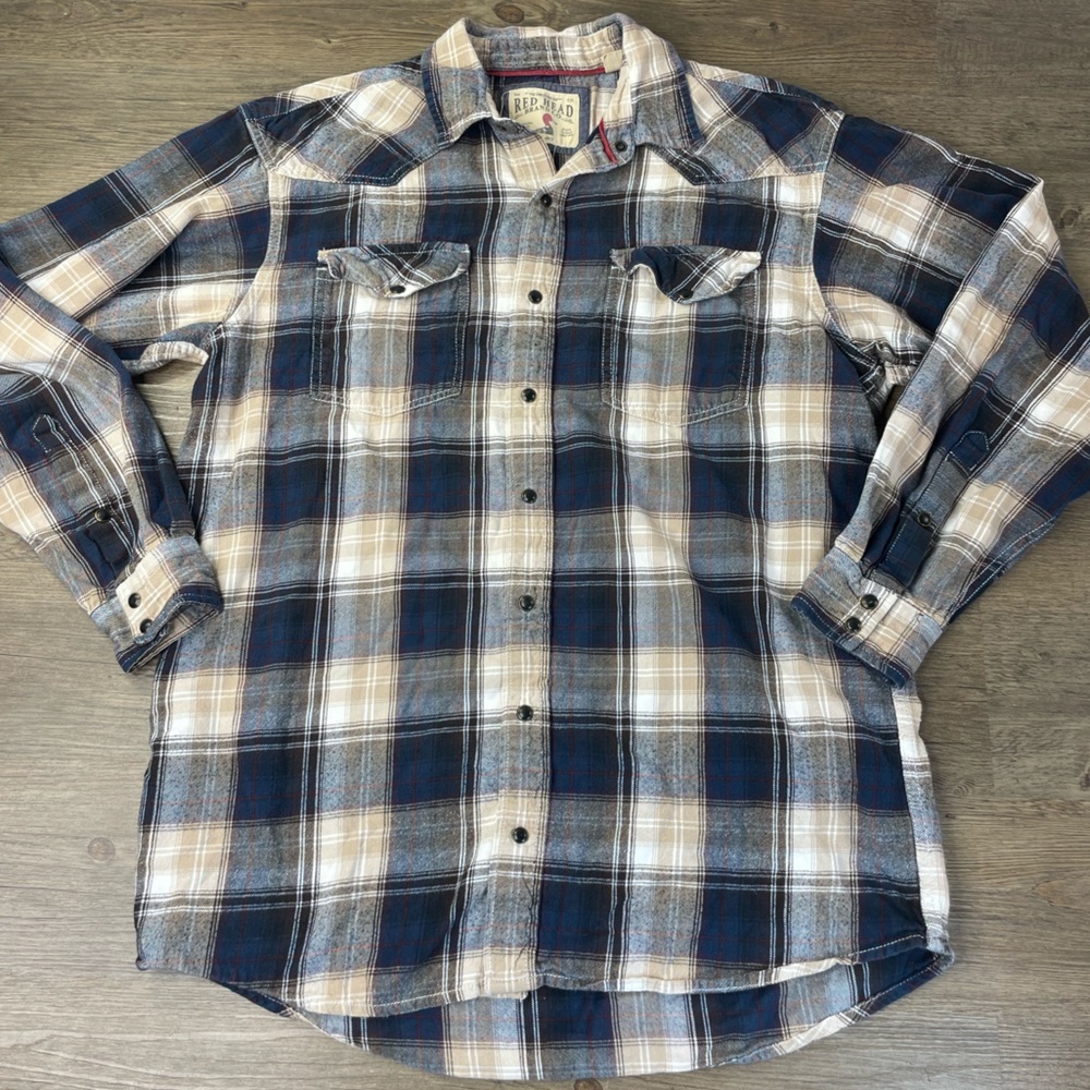 Red ahead Mens Long Sleeve Flannel Plaid Shirt, Navy Blue and Cream, Large Tall
